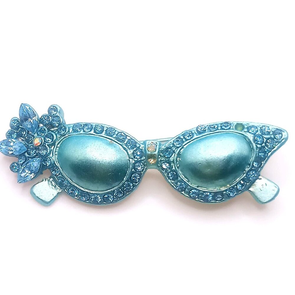 Vintage Blue Rhinestone Cat-Eye Sunglasses Brooch Jeweled Floral Accent Jewelry